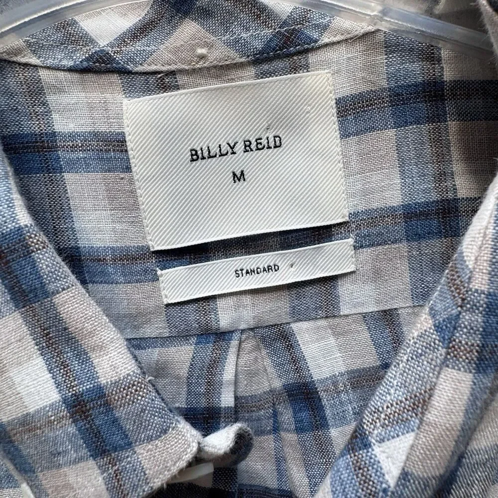 Billy Reid Standard Italian Linen Plaid Button Up Short Sleeve Shirt Men Medium