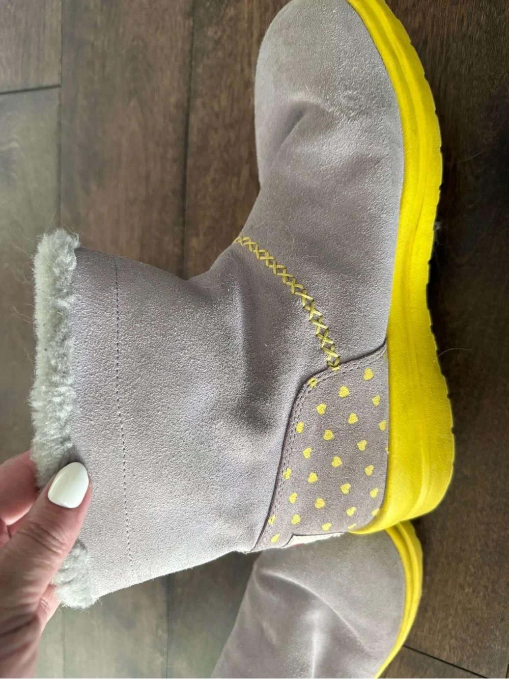Women’s Ugg Suede Winter Boots in Light grey with Yellow Sole and polka dots