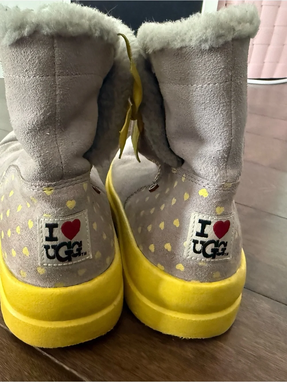 Women’s Ugg Suede Winter Boots in Light grey with Yellow Sole and polka dots
