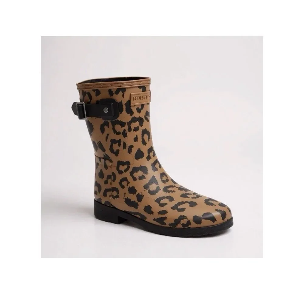 HUNTER Original Leopard Print Refined Short Rain Cheetah Boot Size 10