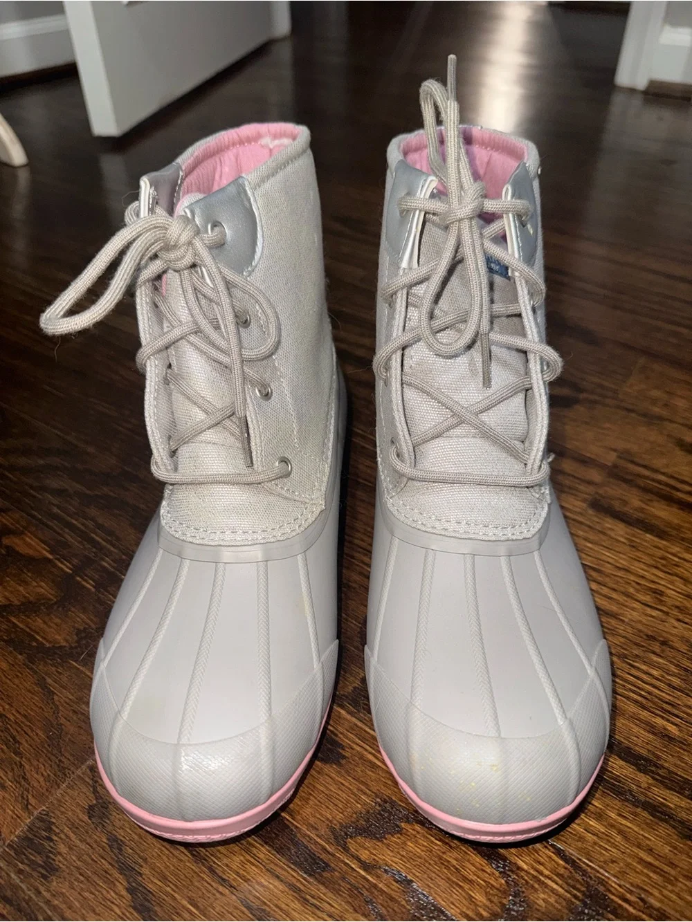 Sperry Light Gray Winter Duck Boots with Pink Lining