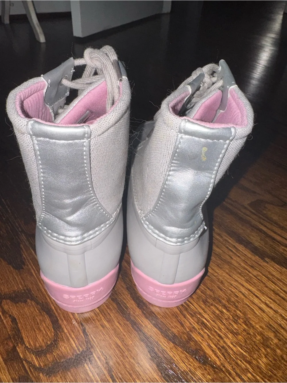 Sperry Light Gray Winter Duck Boots with Pink Lining