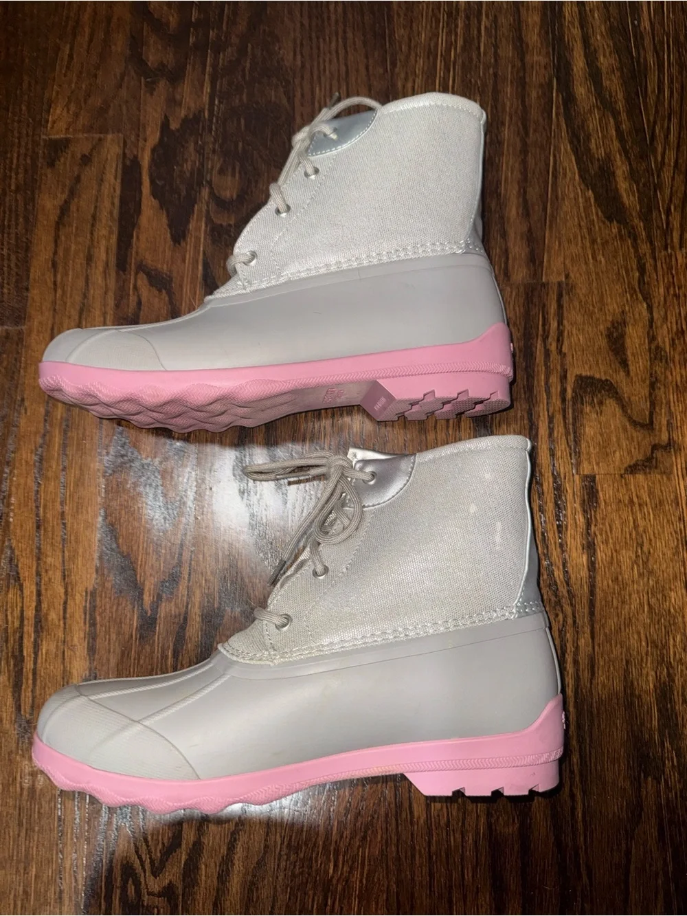 Sperry Light Gray Winter Duck Boots with Pink Lining