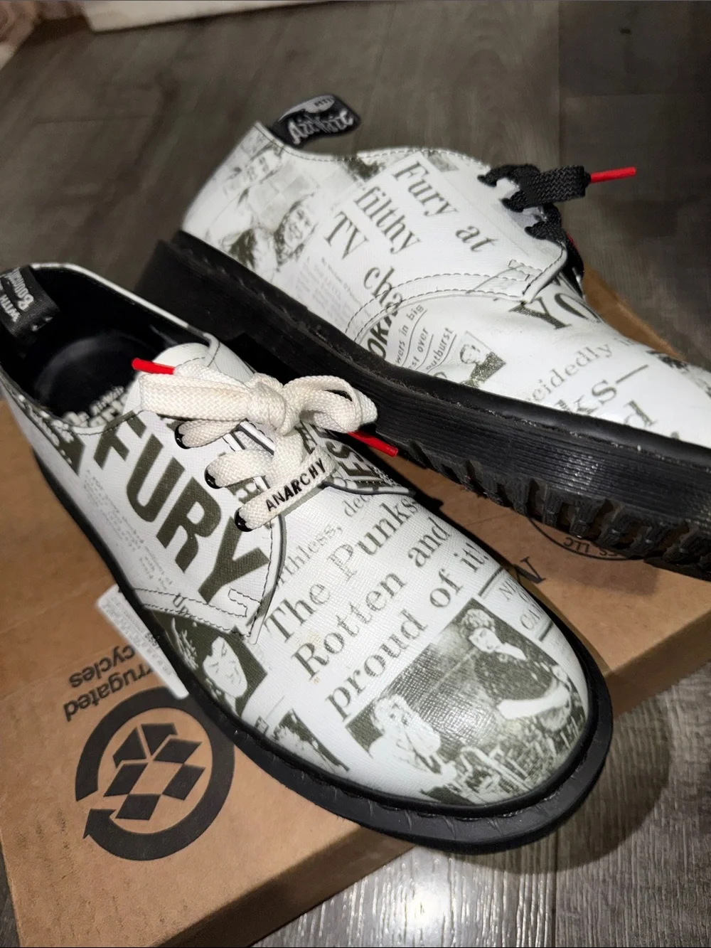 Dr. Martens 1461 Newspaper Print White & Black Oxford Shoes with Red Accents