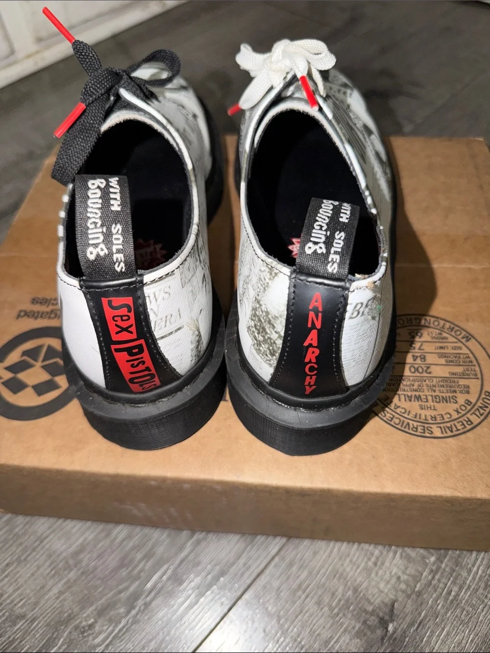 Dr. Martens 1461 Newspaper Print White & Black Oxford Shoes with Red Accents