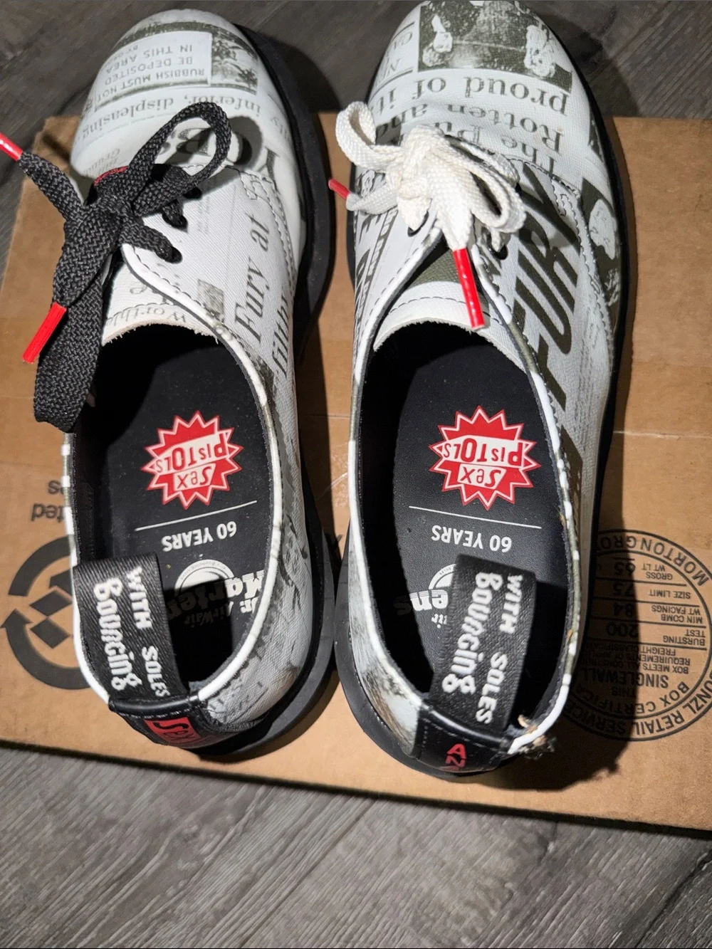 Dr. Martens 1461 Newspaper Print White & Black Oxford Shoes with Red Accents