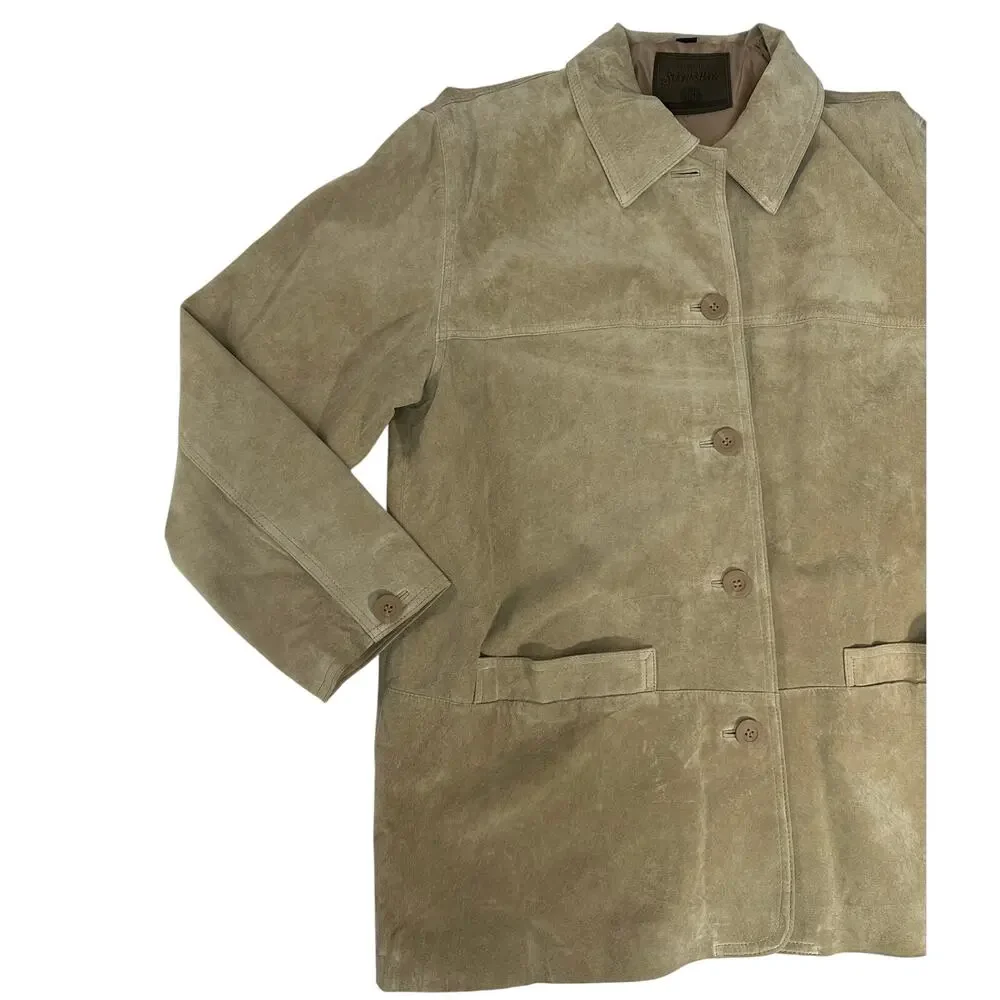 St. John's Bay Jacket Vintage Beige Button Up Suede 100% Leather Women's XL
