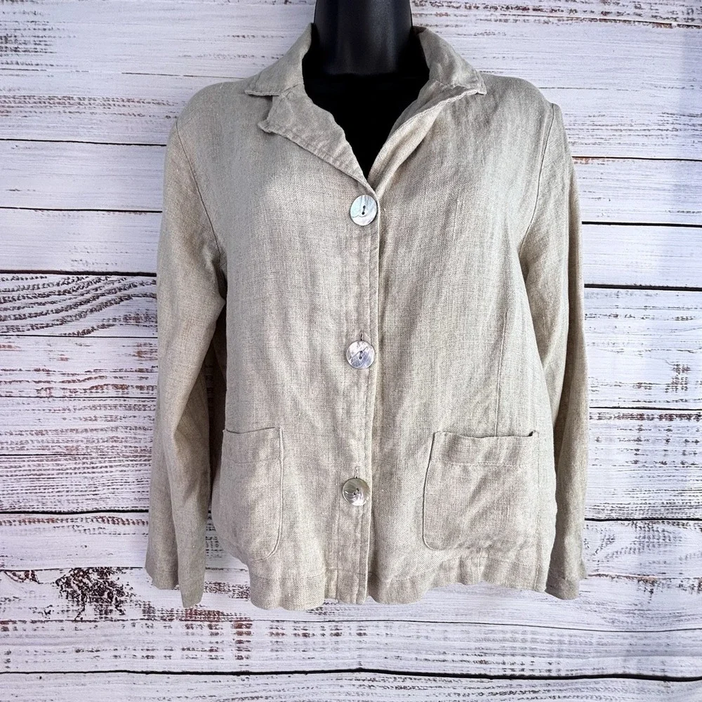 Vintage Jacket 8P Beige 100% Linen Shell Button Cinch Patch Pocket Minimalist