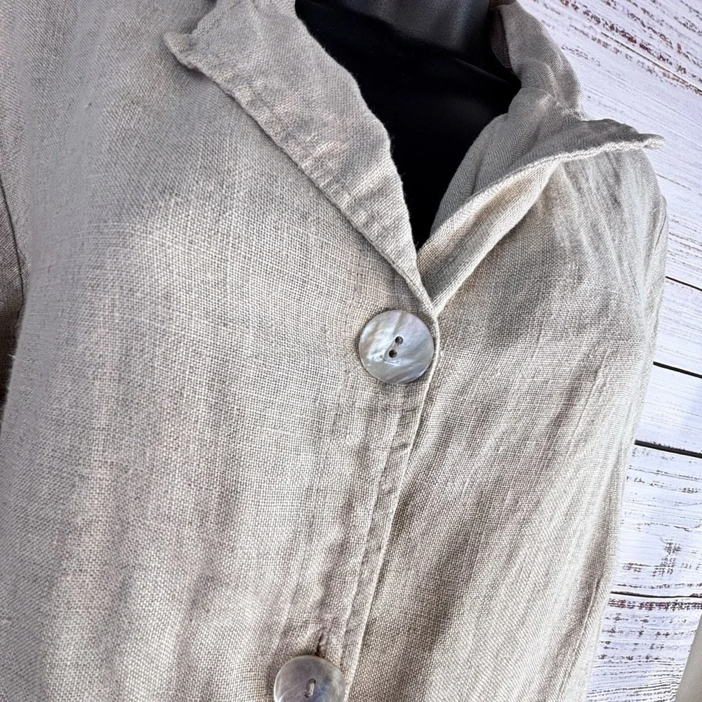 Vintage Jacket 8P Beige 100% Linen Shell Button Cinch Patch Pocket Minimalist