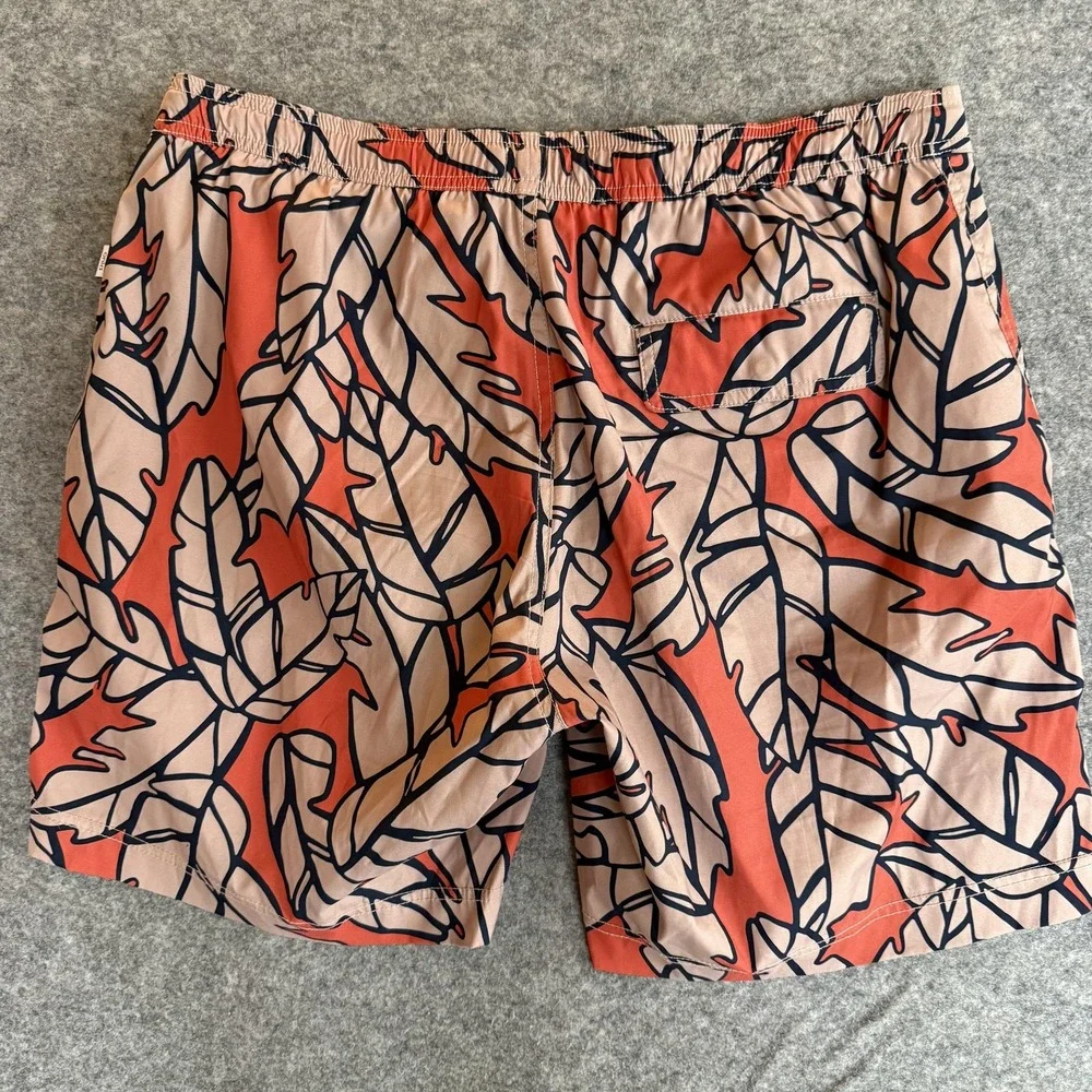 Onia Swim Trunks Shorts Mens XL Orange Tan‎ Leaf Print The Calder Mesh Lined