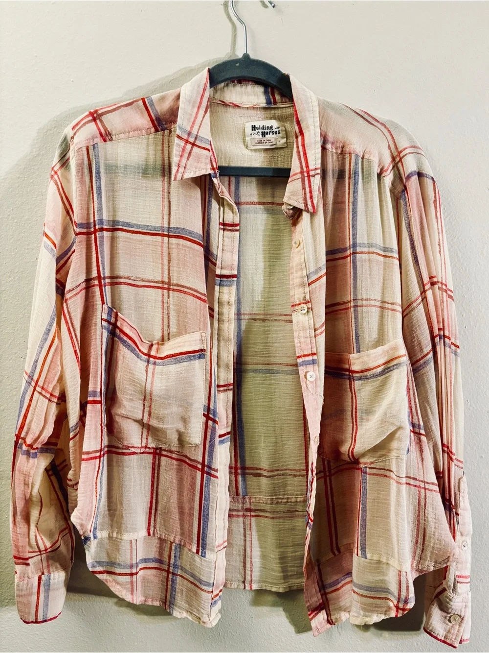 ANTHROPOLOGIE/HOLDING HORSES Pink Plaid Button-Down Shirt with Periwinkle Accent