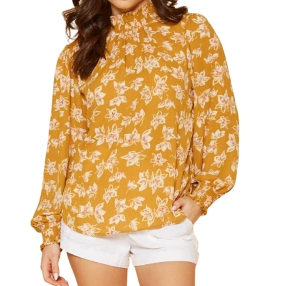Pleione Top Womens Large Yellow White Floral Cottagecore Feminine Career‎ Blouse