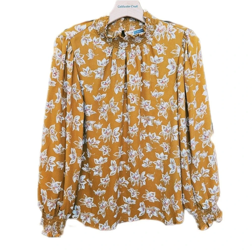 Pleione Top Womens Large Yellow White Floral Cottagecore Feminine Career‎ Blouse