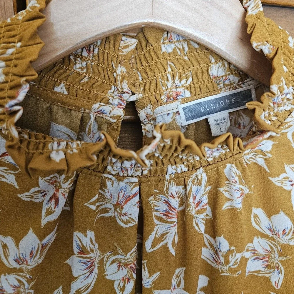 Pleione Top Womens Large Yellow White Floral Cottagecore Feminine Career‎ Blouse