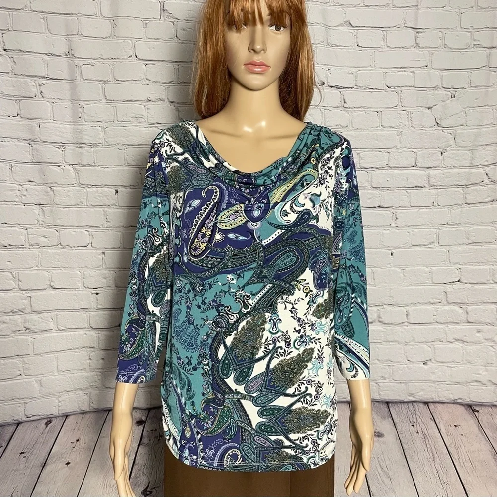 Chico's Cowl Neck 3/4 Sleeve Paisley Top Size 2 US L