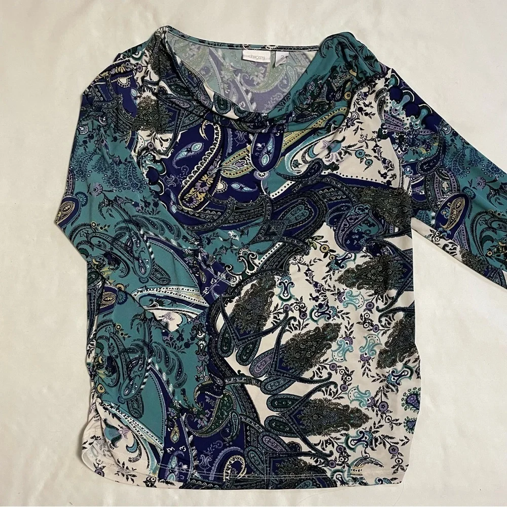Chico's Cowl Neck 3/4 Sleeve Paisley Top Size 2 US L