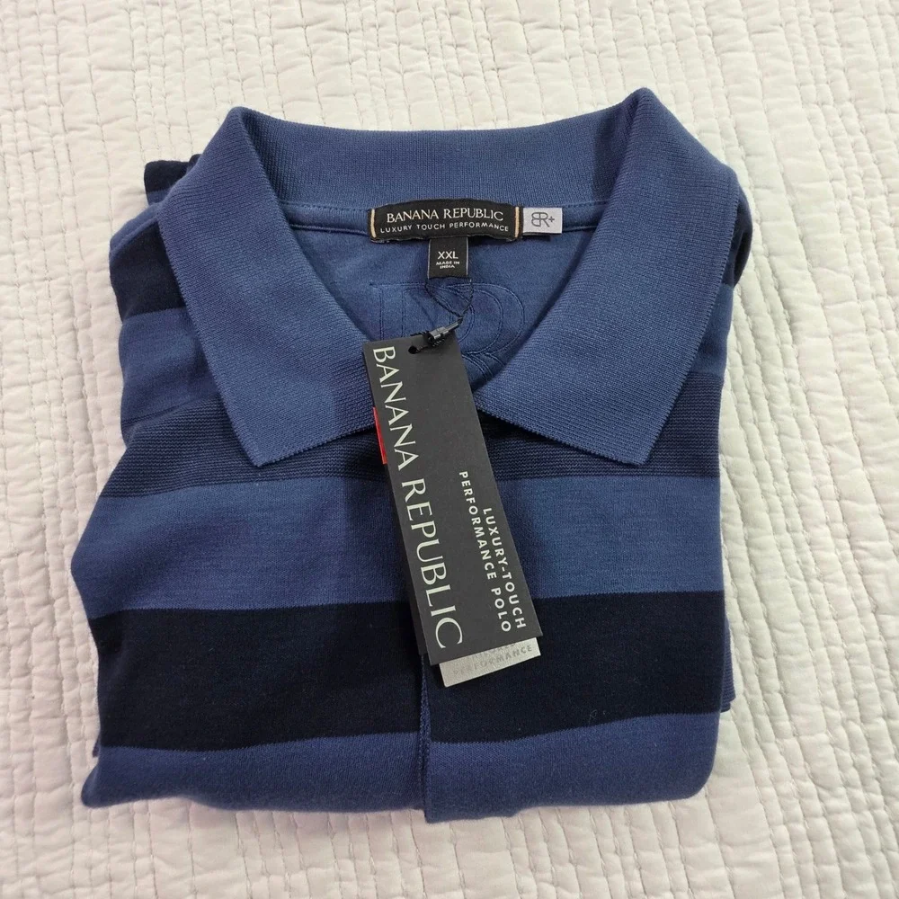 Banana Republic Luxury-Touch Performance Polo Shirt Blue Striped Mens XXL NWT