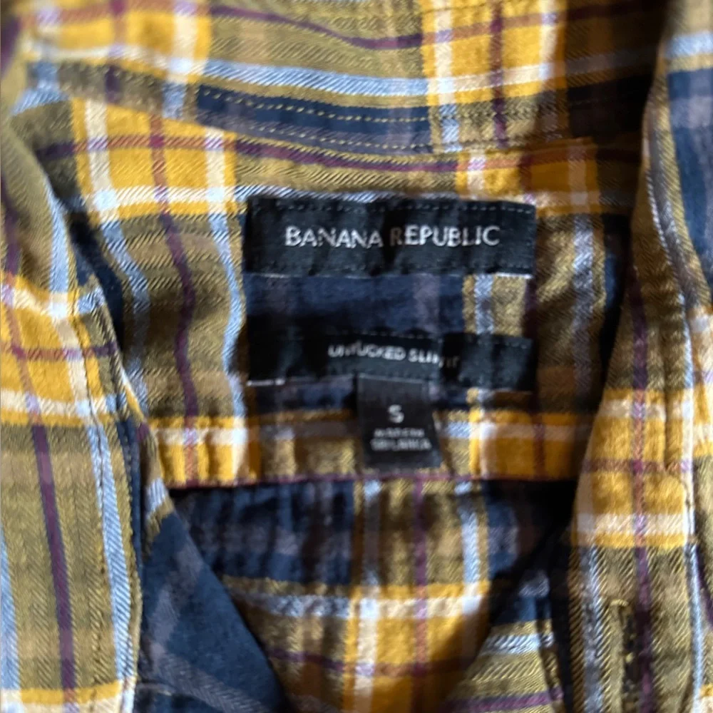 Banana Republic Yellow Plaid Flannel Slim-Fit Untucked Cotton Button Up, Size S