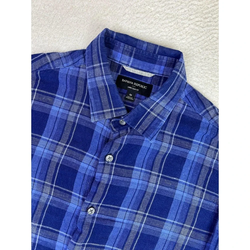 Banana Republic Shirt Mens Medium Blue Plaid Linen Slim‎ Fit LS Button Up Casual