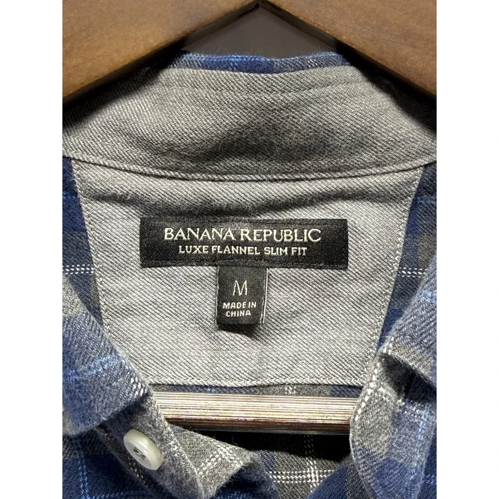 Banana Republic Luxe Flannel Slim Fit‎ Shirt Mens M Blue Gray Plaid Button Down