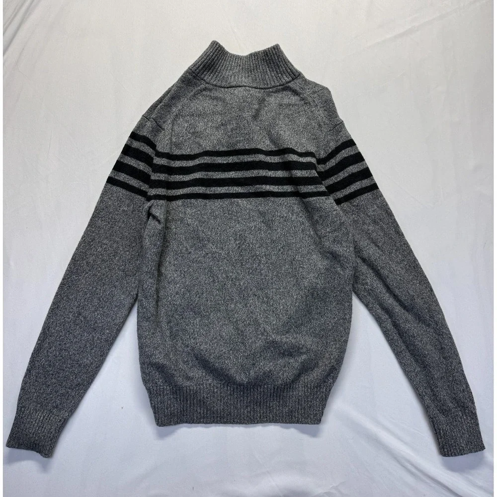 Banana Republic Sweater Mens‎ M Gray Black Striped Tight Knit Ribbed 1/4 Button