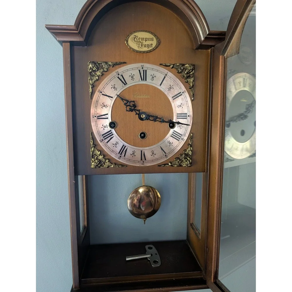 Vintage Tradition Tempus Fugit Wall Clock West Germany Wood Pendulum with Key