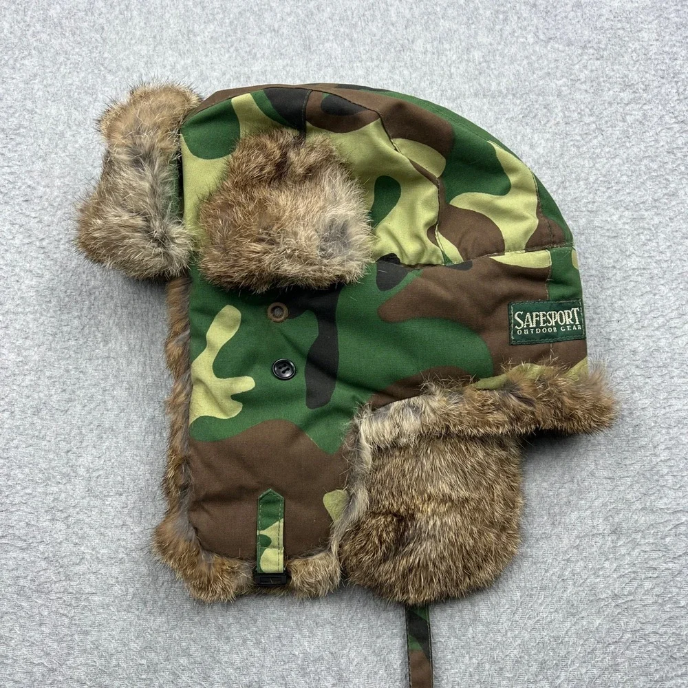 Safesport‎ Outdoor Gear Trapper Hat Mens XL Green Camo Rabbit Fur Trim Ear Flaps