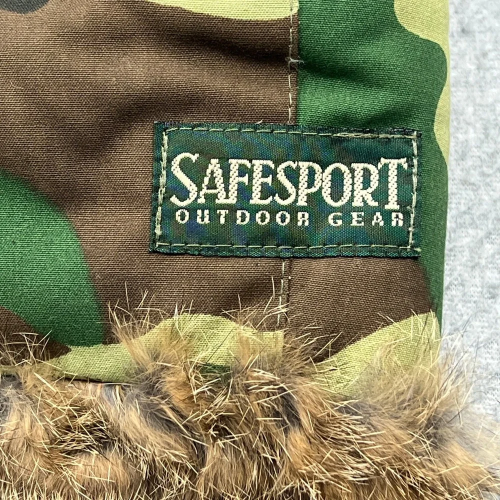 Safesport‎ Outdoor Gear Trapper Hat Mens XL Green Camo Rabbit Fur Trim Ear Flaps