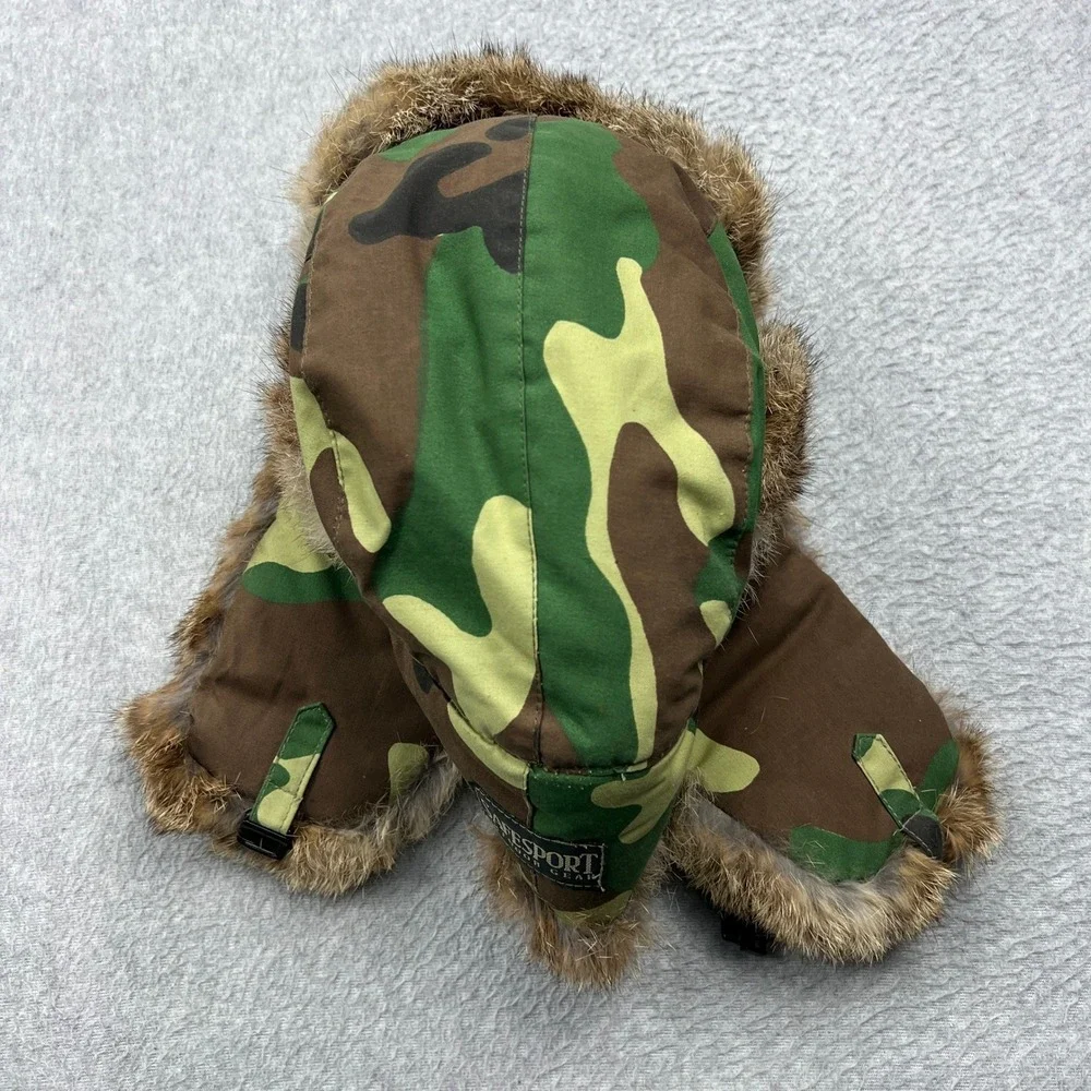 Safesport‎ Outdoor Gear Trapper Hat Mens XL Green Camo Rabbit Fur Trim Ear Flaps