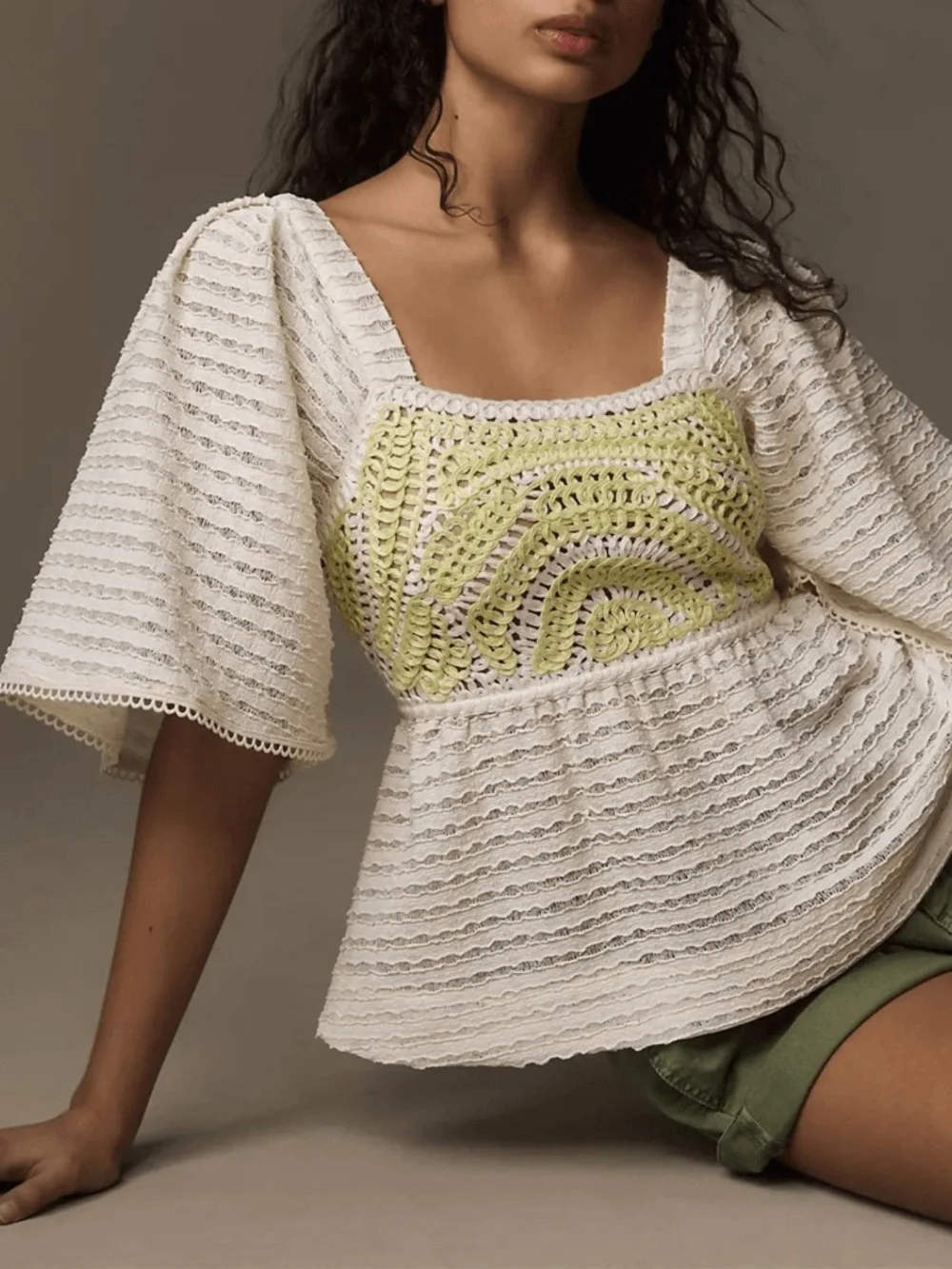 Sarah Hann Anthropologie Crochet Flutter Sleeve Peplum Top Cream Lime Large