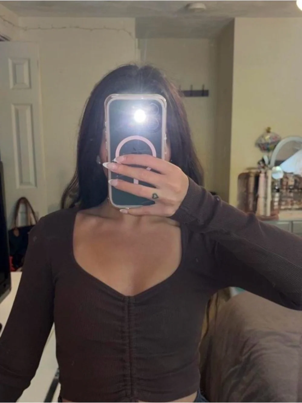 Brown Ruched Front Long-Sleeve Crop Top