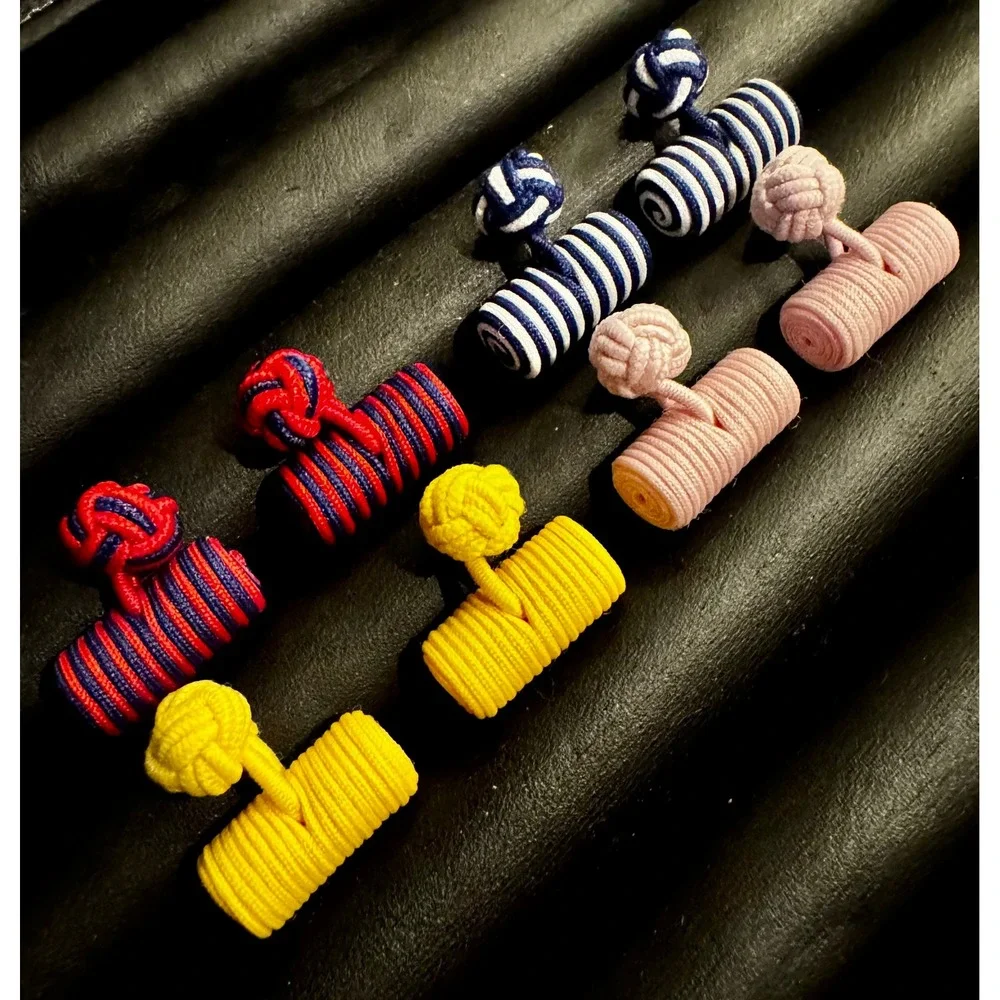Silk Barrel Knot Cufflinks Lot of 4 Pairs Multicolor Stripe Solid Wedding French