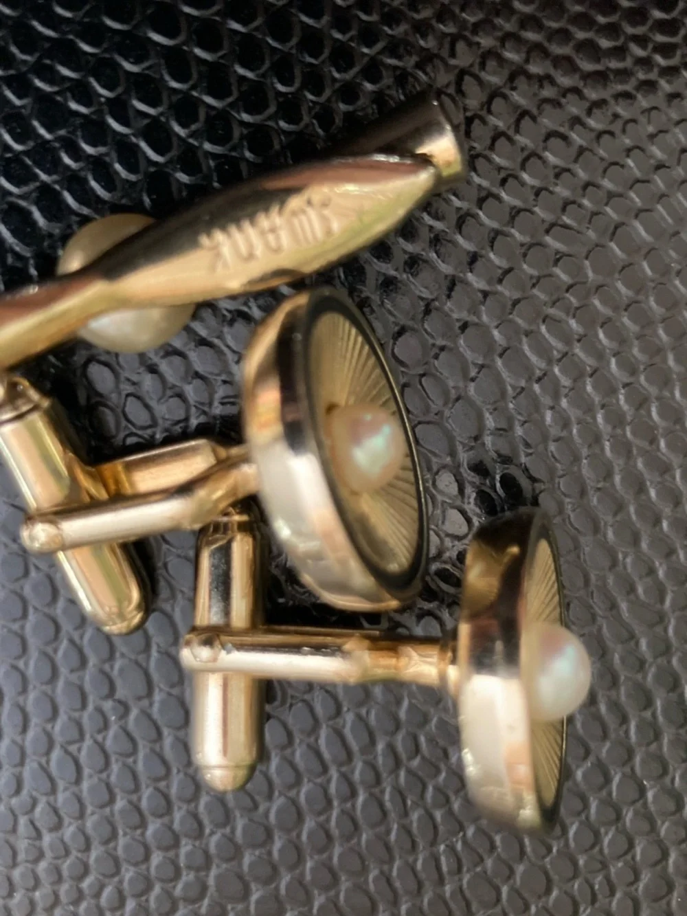 Vintage Anson Gold Tone Pearl  Anson Cufflinks & Swank Tie Bar Dress Set