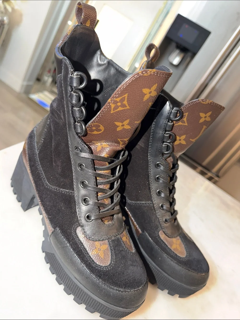 Black Suede Combat Boots with Brown Monogram Accents size 36 1/2