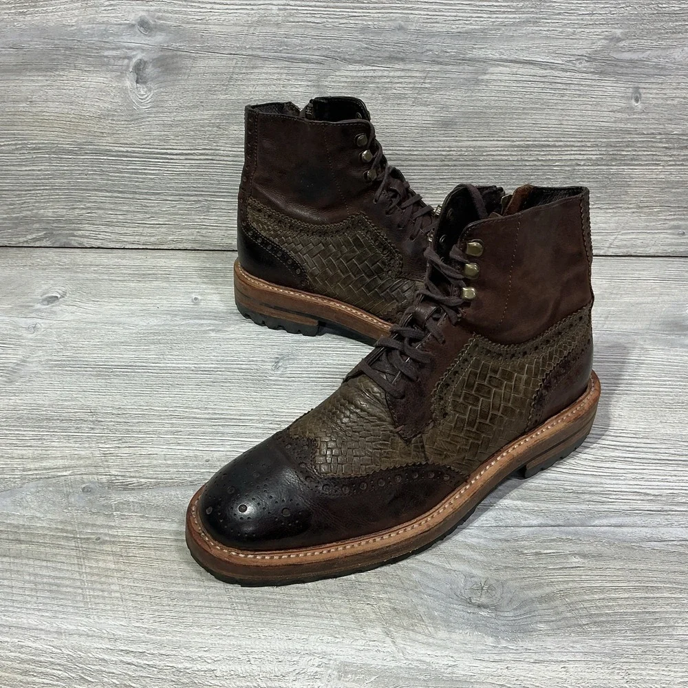 Donald J. Pliner Ziroc 56 Men's Size 8 M Brown Leather Wingtip Lace Up Zip Boots