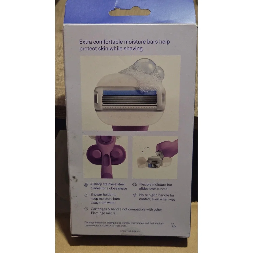 Flamingo Moisture Plus Razor Set Purple Handle 2 Cartridges Shower Holder NEW