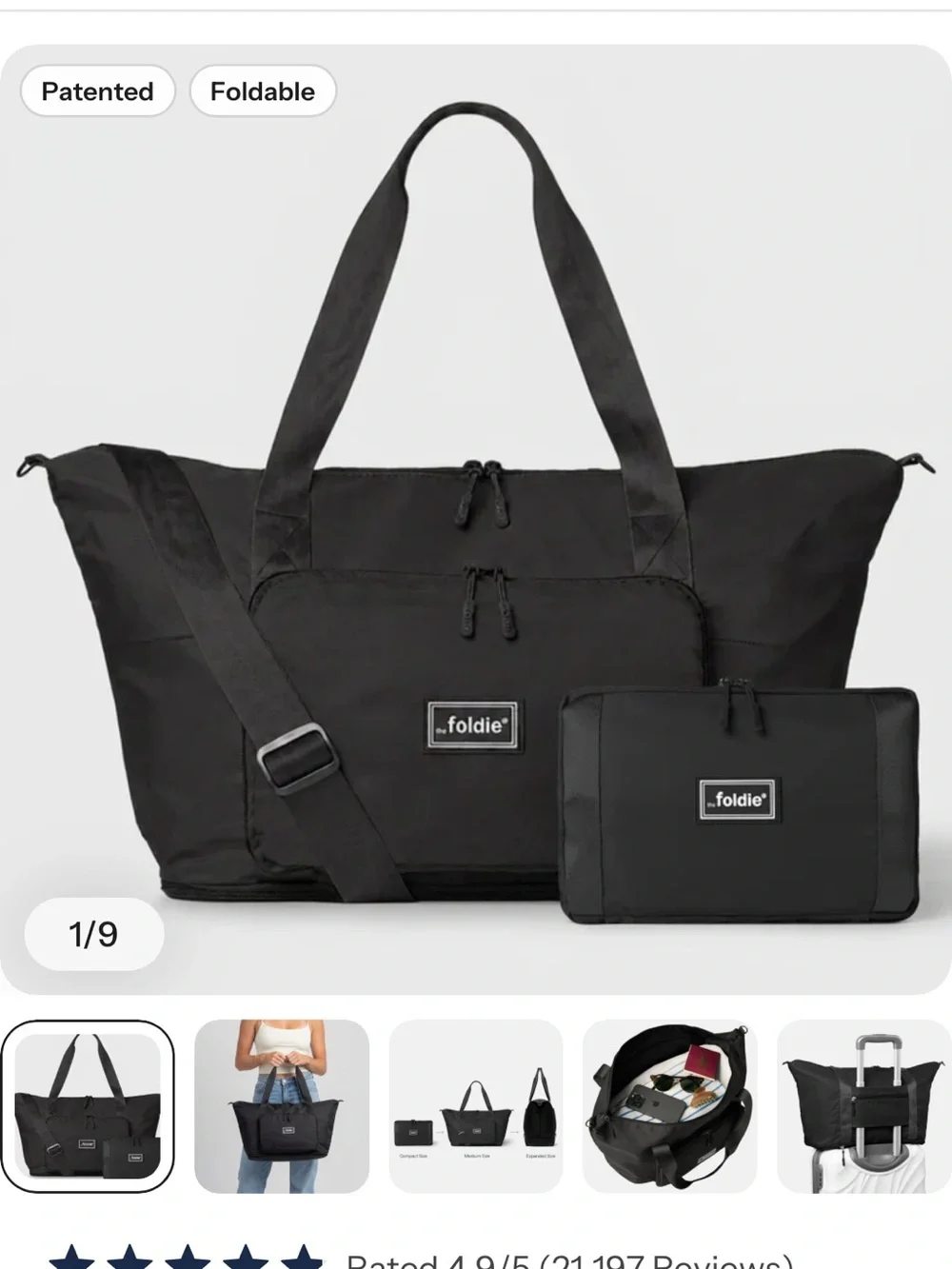 Foldie Black Foldable Travel Tote Bag with Detachable Shoulder Strap