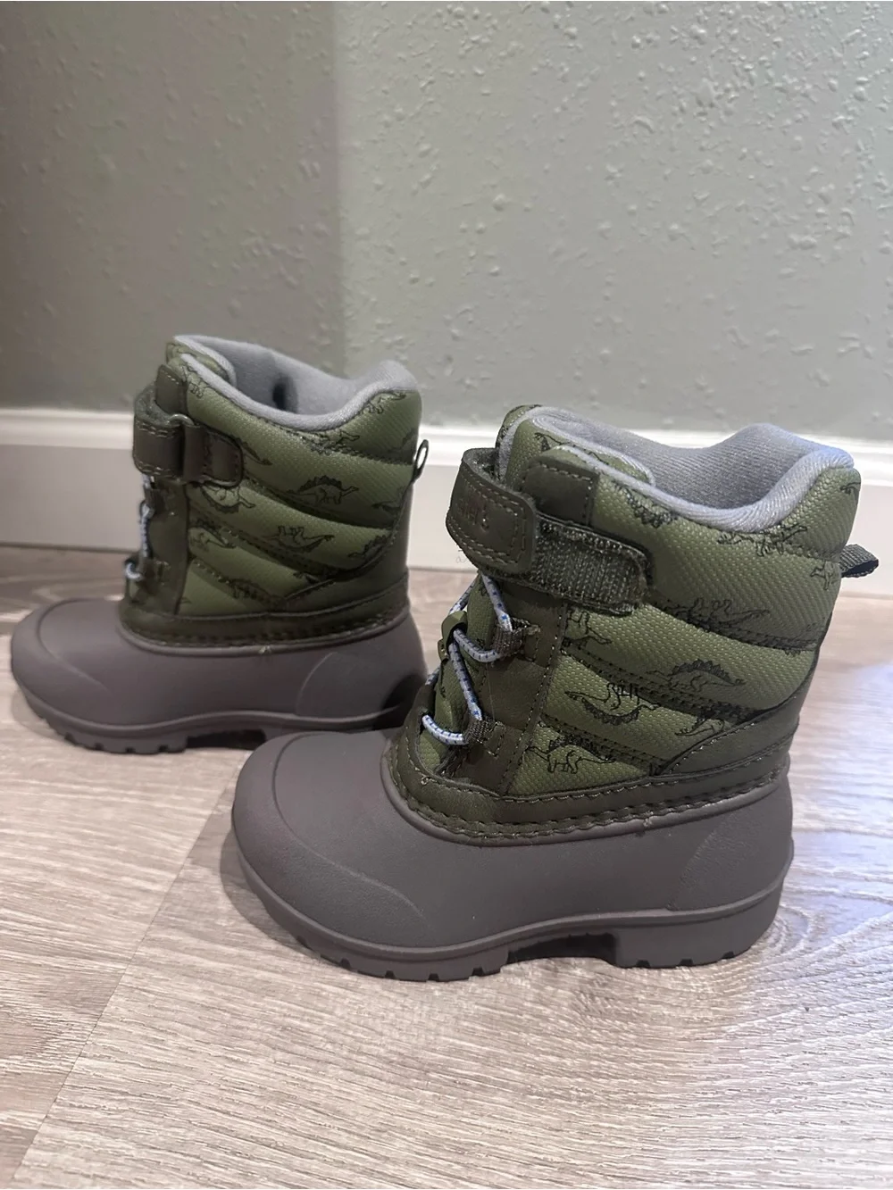 Carters Kids Green and Gray Dinosaur Boots- Waterproof Snow Boots