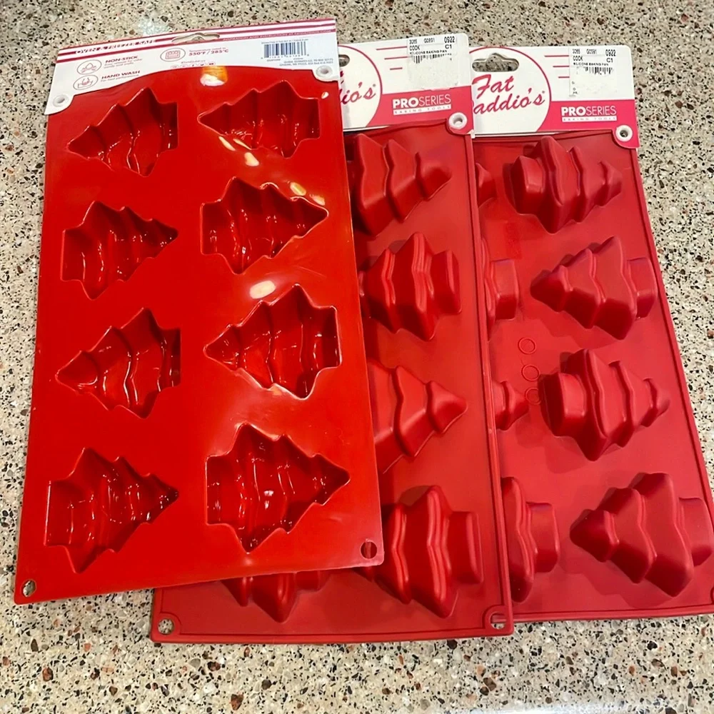 Fat Daddios Baking Molds Set 3 Pieces Red Silicone 24 Christmas Trees Candy NEW