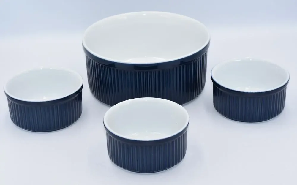 Dansk Bistro 4pc Christianshavn Blue Ribbed Ramekins & Soufflé Casserole Dish