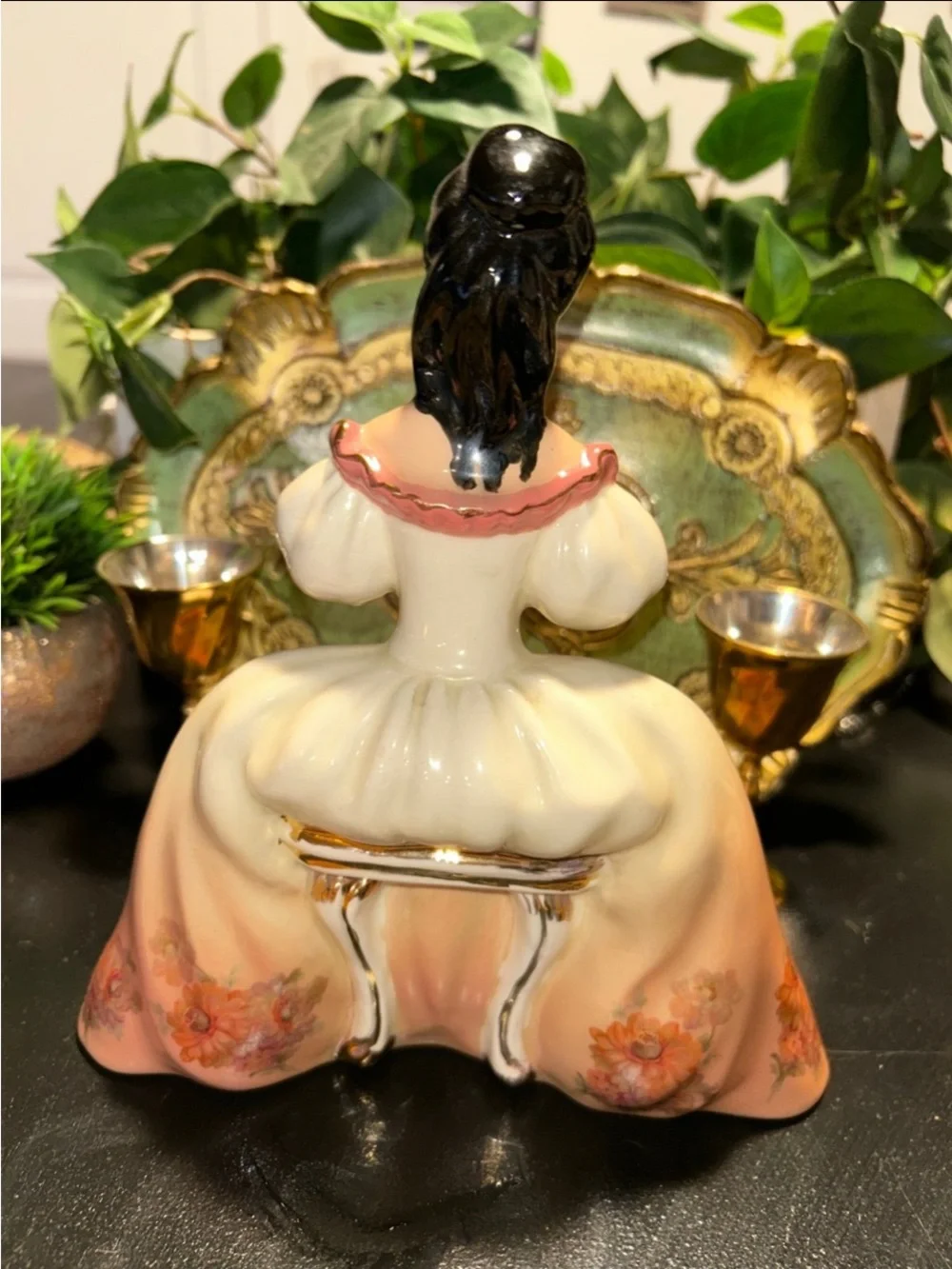 Victorian Ceramic Lady Figurine in Cream and Pink Dress