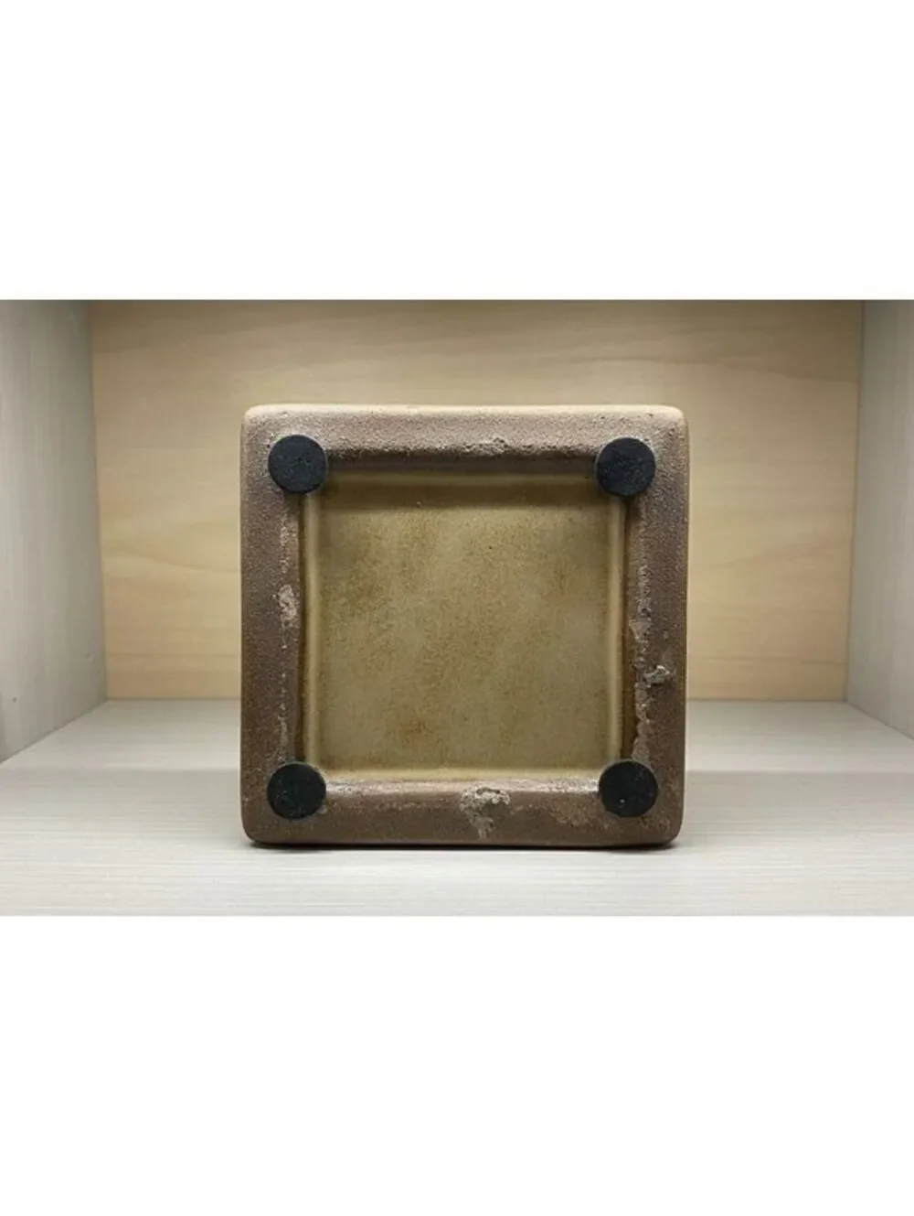Vintage Square Ceramic Planter Black Tan Scroll Relief Small Flower Pot