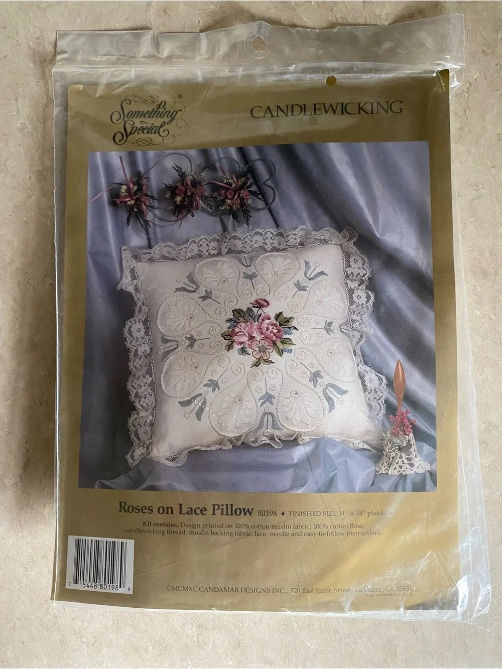 Vintage 90s Candamar Designs Roses on Lace Pillow Candlewicking Embroidery Kit