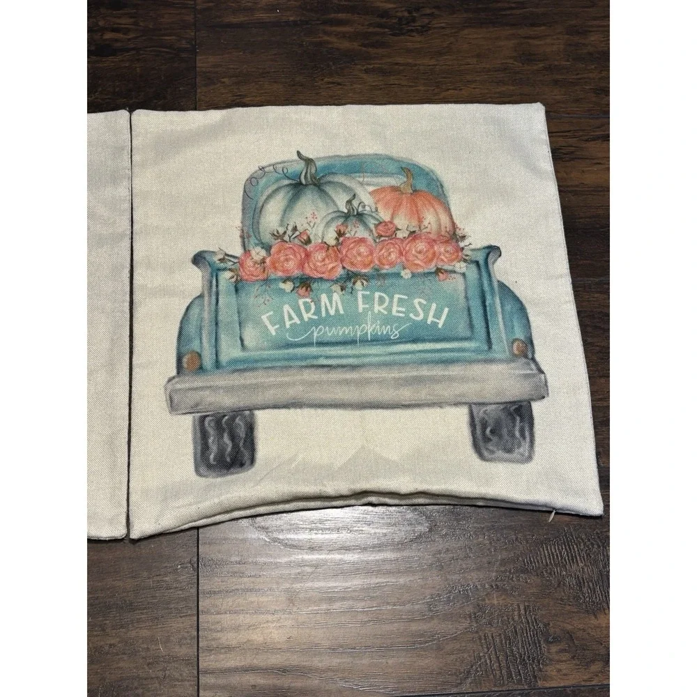 Autumn‎ Fall Teal /Aqua Farm Fresh Pumpkins Truck & Pumpkin 17x17 Pillow Covers