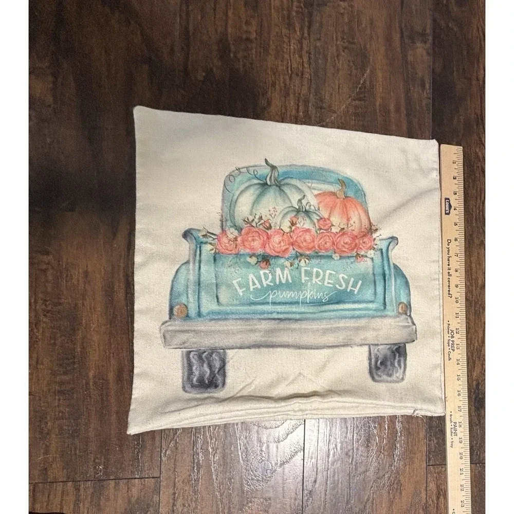 Autumn‎ Fall Teal /Aqua Farm Fresh Pumpkins Truck & Pumpkin 17x17 Pillow Covers