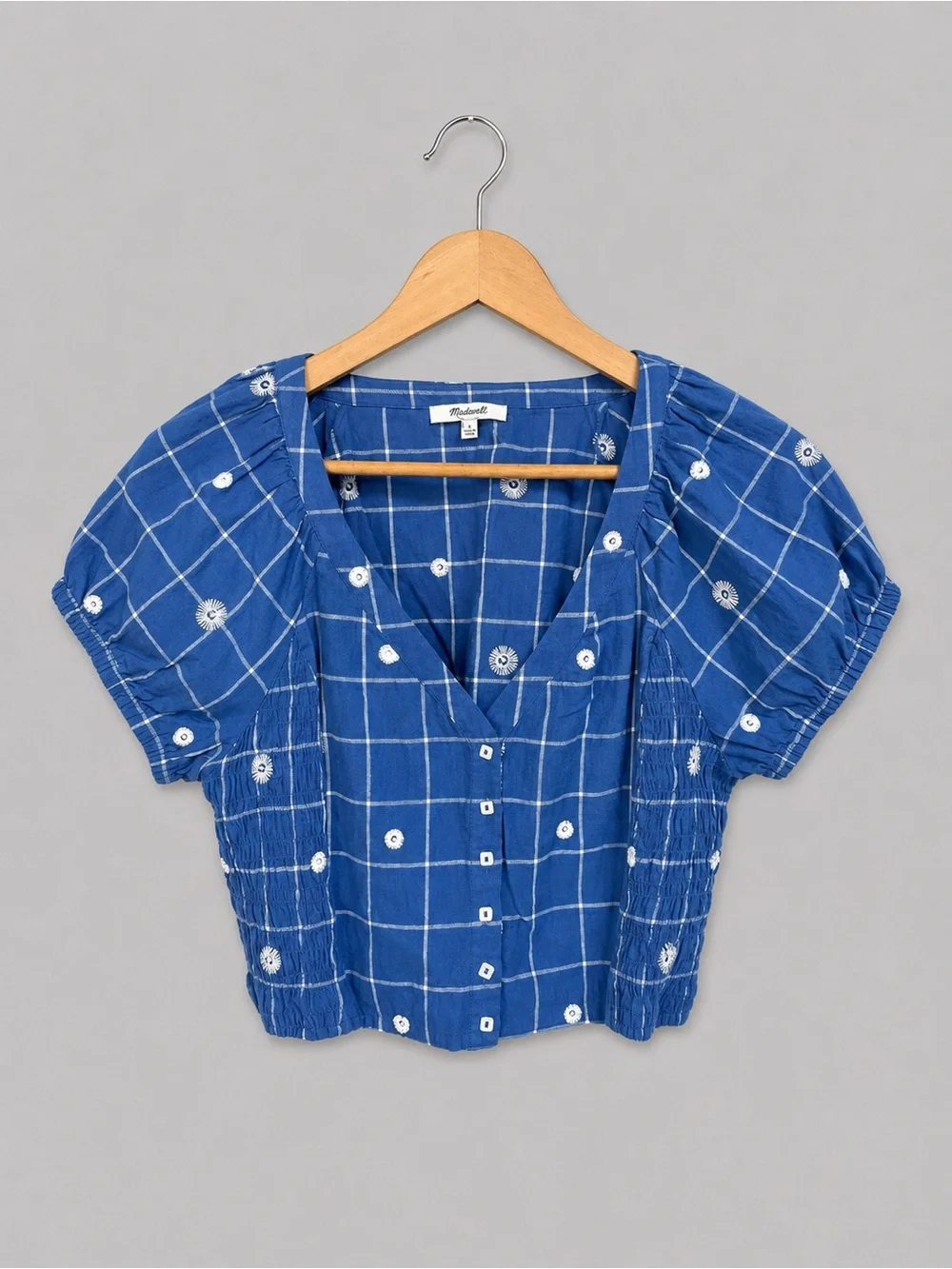 Madewell Blue Embroidered Plaid Puff Sleeve Smocked Top Size 10