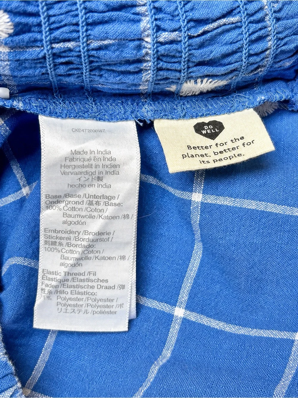 Madewell Blue Embroidered Plaid Puff Sleeve Smocked Top Size 10