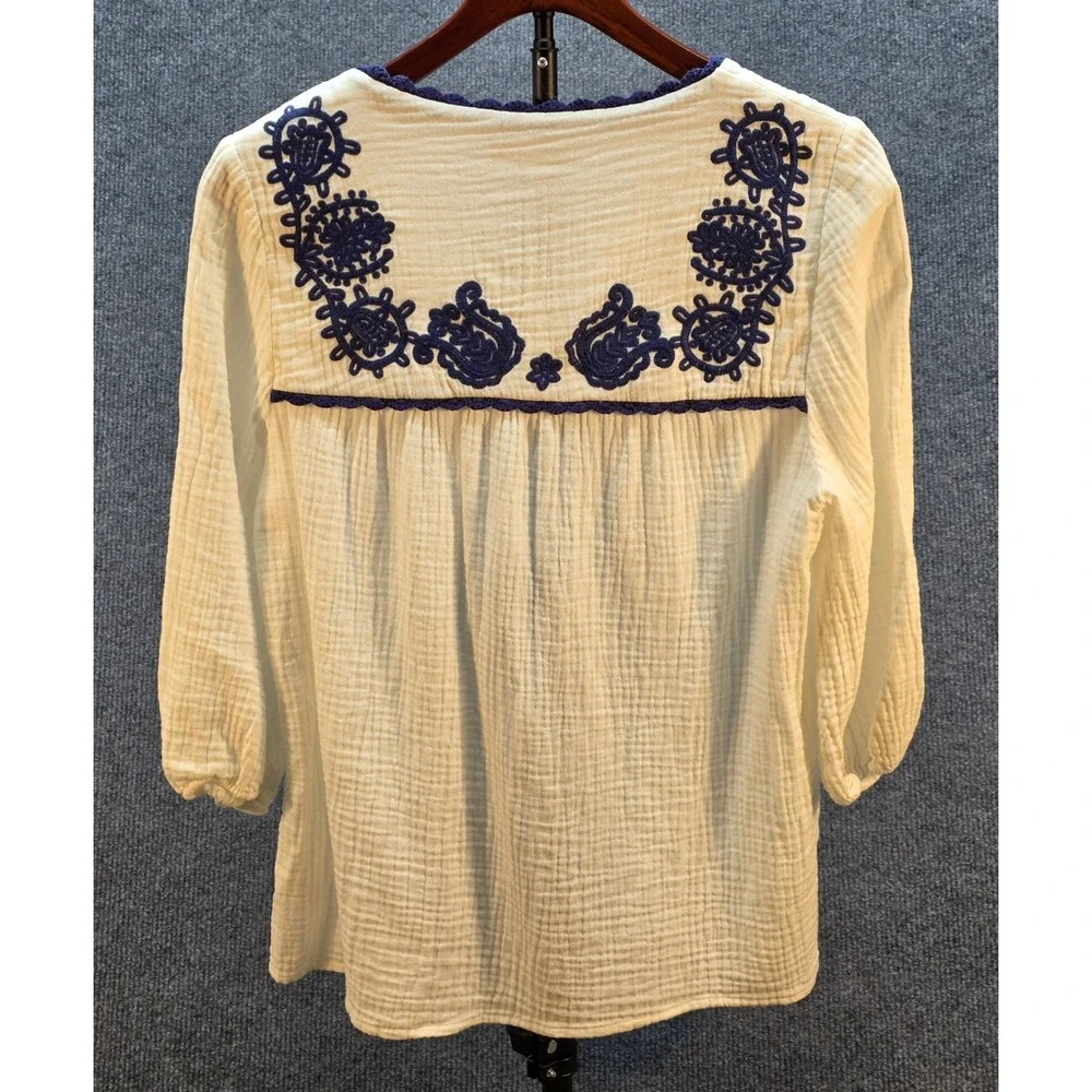 Boden Embroidered Gauze Blouse Women Boho V-Neck White Navy US 8 Excellent