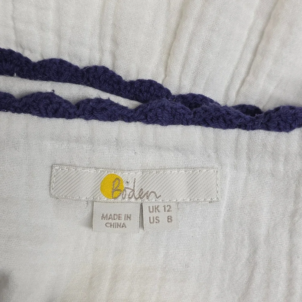 Boden Embroidered Gauze Blouse Women Boho V-Neck White Navy US 8 Excellent