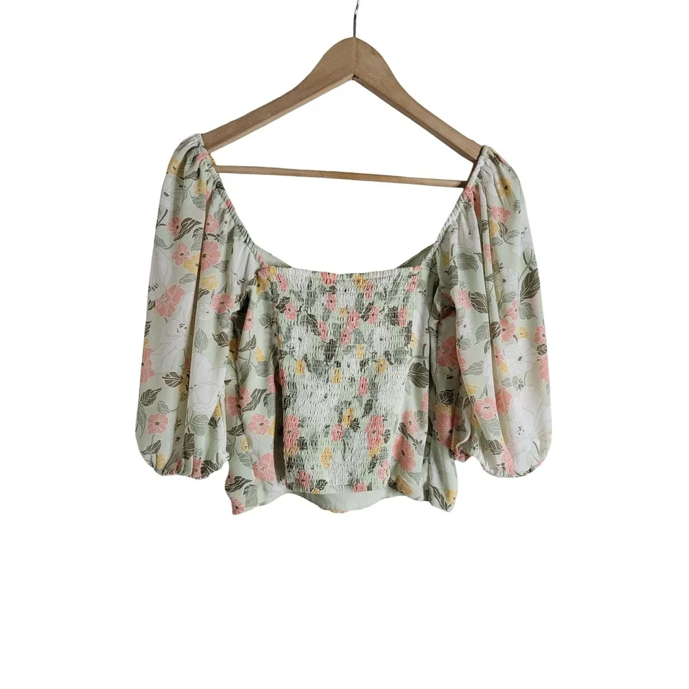 Abercrombie & Fitch Floral Puff Sleeve Smocked Back Top Sage Green S Feminine